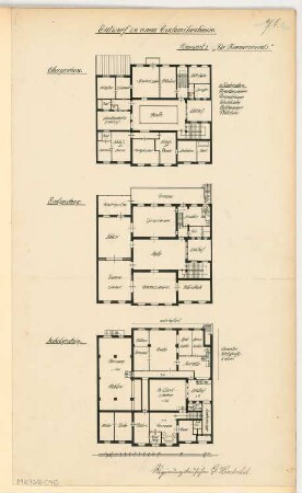 Einfamilienhaus Monatskonkurrenz Januar 1912: Grundriss Untergeschoss, Erdgeschoss, Obergeschoss; Maßstabsleiste