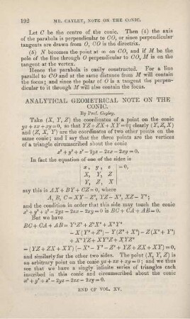 Analytical geometrical note on the conic.