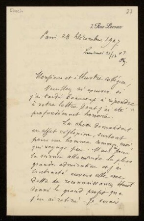 27: Brief von Adhémar Esmein an Otto von Gierke, Paris, 28.12.1907