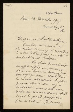 27: Brief von Adhémar Esmein an Otto von Gierke, Paris, 28.12.1907