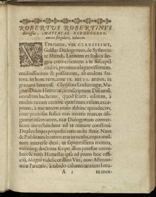 Robertus Robertinus Borussus, Matthiæ Berneggero, amico singulari Salutem.