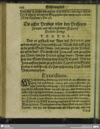 Die achte Predigt uber den Propheten Jonam, und uber das dritte Capittel Die Erste Predigt