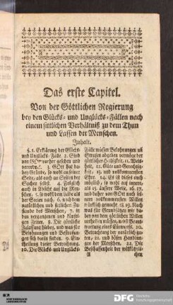 Das erste Capitel. Von der Göttlichen Regierung bey den Glücks- und Unglücks-Fällen nach einem sittlichen Verhältniß ...