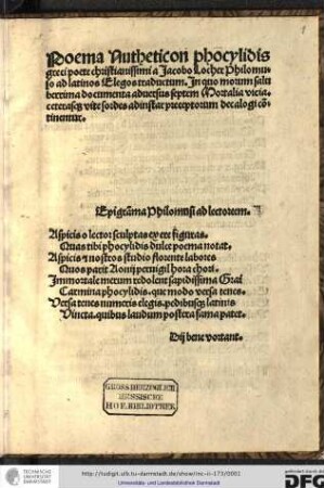 [ Poema Nutheticon] Phocylidis Poema Nutheticon a Jacobo Locher Philomuso ad latinos Elegos traductum