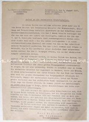 Rundschreiben der Reichsschrifttumskammer, Landesleitung Sachsen, mit einem Aufruf an die sächsischen Schriftsteller