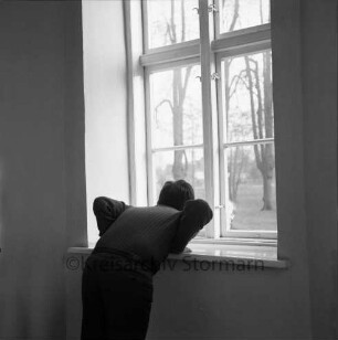 Fenster: Junge schaut nach draußen in Schlosspark