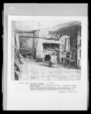 Die Schmiedewerkstatt im Hausflur (des Franz Legler; Neustadt a.d. Tafelfichte, Sudetenland)