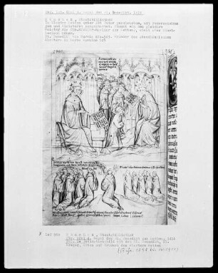 Regel des heiligen Benedikt — Dedikationsbild mit den Heiligen Benedikt und Gregor, sowie Äbten und Brüdern des Klosters Metten, Folio 1verso