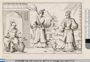 Zwei Chinesinnen mit fächelndem Diener und Hündchen