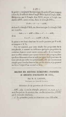 Solution de la question élémentaires proposées au concours d'agrégation de 1873.