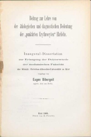Beitrag zur Lehre von der ätiologischen und diagnostischen Bedeutung der "punktirten Erythrocyten" Ehrlichs