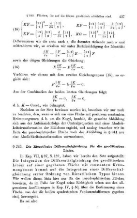 § 243. Die Riccati'sche Differentialgleichung für die geodätischen Linien.
