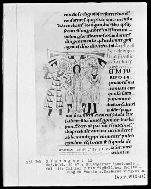 Stuttgarter Passionale — Pars hiemalis (erster Band) — Initiale T (emporibus), darin Martyrium der heiligen Barbara, Folio 114verso