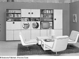Anbauwand "Standard" : Wohnzimmermöbel (1973). Ansicht mit Anbauwand und Sitzgruppe