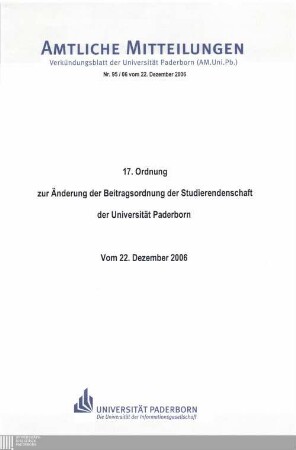 17. Ordnung zur Änderung der Beitragsordnung der Studierendenschaft der Universität Paderborn : vom 22. Dezember 2006