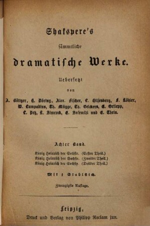 Shakspere's sämmtliche dramatische Werke : Uebersetzt von A. Böttger, H. Döring, Alex. Fischer ..., 8