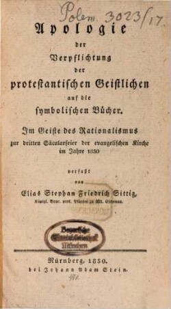 Apologie der Verpflichtung der protestantischen Geistlichen auf die symbolischen Bücher ...
