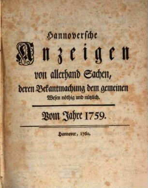 Hannoverische Beyträge zum Nutzen und Vergnügen : vom Jahre .... 1. 1759