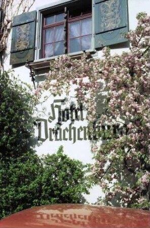 Gottlieben: Blütenstrauch vor Hotelwand und Fenster