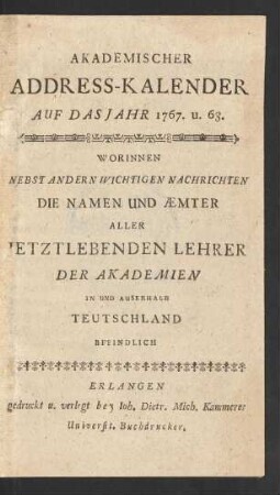 1767/68: Akademischer Address-Kalender