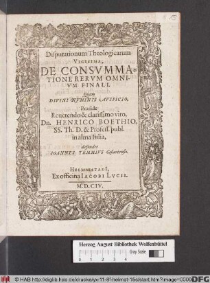Disputationum Theologicarum Vigesima, De Consummatione Rerum Omnium Finali