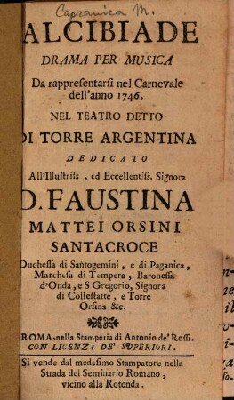 Alcibiade : Drama Per Musica ; Da rappresentarsi nel Carnevale dell'anno 1746