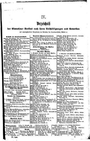 IV. Verzeichniß der Einwohner Berlins nach ihren Beschäftigungen und Gewerben