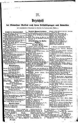 IV. Verzeichniß der Einwohner Berlins nach ihren Beschäftigungen und Gewerben