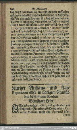 Kurtzer Anhang und klare Repetition aller in vorigem Tractätlein begriffenen Sachen