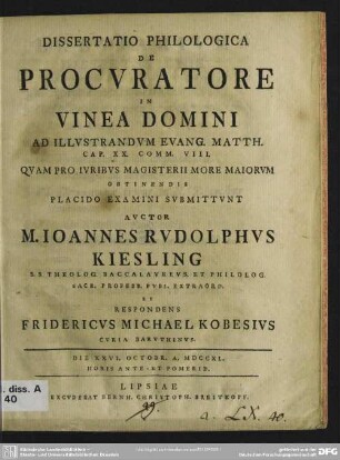 Dissertatio Philologica De Procuratore In Vinea Domini Ad Illustrandum Evang. Matth. Cap. XX. Comm. VIII.