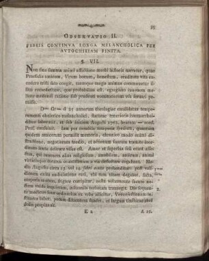 Observatio II. Febris Continua Longa Melancholica Per Autochiriam Finita.