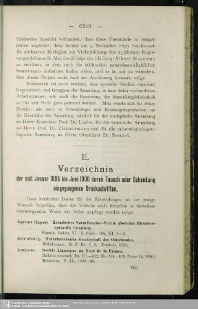 E. Verzeichnis der seit Januar 1896 bis Juni 1900 durch Tausch oder Schenkung eingegangenen Druckschriften