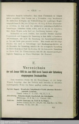 E. Verzeichnis der seit Januar 1896 bis Juni 1900 durch Tausch oder Schenkung eingegangenen Druckschriften