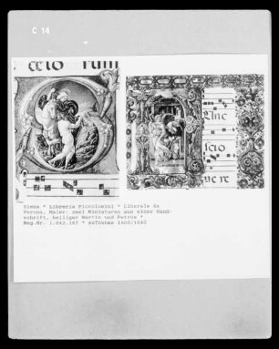 zwei Miniaturen aus einer Handschrift, heiliger Martin und Petrus