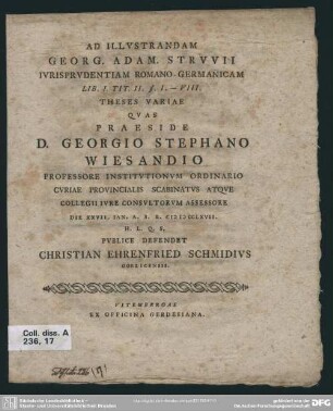 Ad IIlustrandam Georg. Adam. Struvii Iurisprudentiam Romano-Germanicam Lib. I. Tit. II. § I. - VIII. Theses Variae