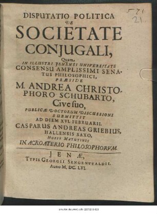 Disputatio Politica De Societate Coniugali