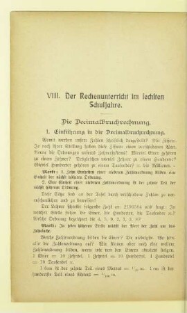 VIII. Der Rechenunterricht im sechsten Schuljahre