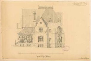 Villenartiges Wohnhaus, Lüdenscheid Monatskonkurrenz Dezember 1883: Aufriss Nordwestansicht (Gartenansicht); Maßstabsleiste