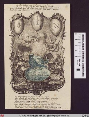 Allegorie auf Kaiserin Maria Theresia, deren Bild über einem Korb mit Eiern, auf denen die Namen ihrer Kinder geschrieben stehen. Darübergeklebt eine Henne.