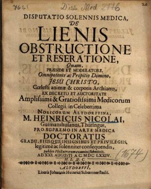 Disputatio Solennis Medica, De Lienis Obstructione Et Reseratione