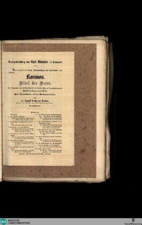 Karlsruher Tagblatt, Verlagshandlung von Carl Rümpler in Hannover. Vom Verfasser der Schrift "Naturforschung und Culturleben" wird erscheinen: Kosmos