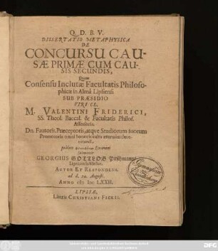 Dissertatio Metaphysica De Concursu Causae Primae Cum Causis Secundis