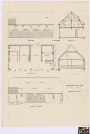 Königshain (Kreis Zittau): Hof Hermann Heidrich. - Pferdestall (Hof-Seiten-Ansicht, Querschnitt A-B, Grundriss). - Scheune (Querschnitt, Hof-Seiten-Ansicht)