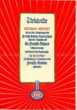 Teilnehmer-Urkunde der Fernseh-Arbeitsgemeinschaft (FAG) für einen Fernseh-Technik Lehrgang