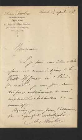 Brief von Arthur Sambon, Médailles-Antiquités Objets d'Art, Paris : 25.04.1898