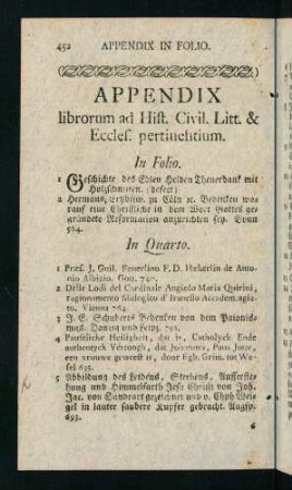 452-458, Appendix librorum ad Hist. Civil. Litt. & Eccles. pertinentium.