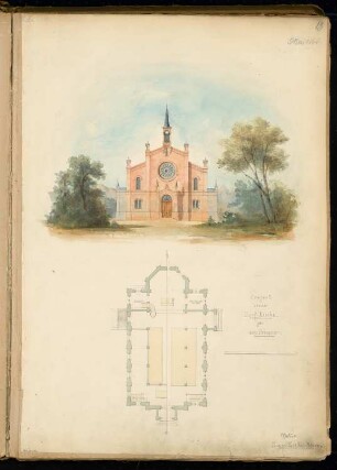 Dorfkirche für 250 Personen Monatskonkurrenz Mai 1864: Grundriss, Aufriss Eingangsansicht; Maßstabsleiste