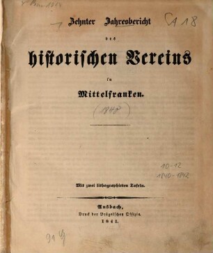 Jahresbericht des Historischen Vereins für Mittelfranken. 10. 1840. - 1841