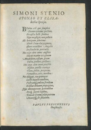 Simoni Stenio Sponso Et Elisabethae sponsae.