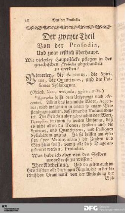 Der zweyte Theil Von der Prosodia, Und zwar erstlich ueberhaupt